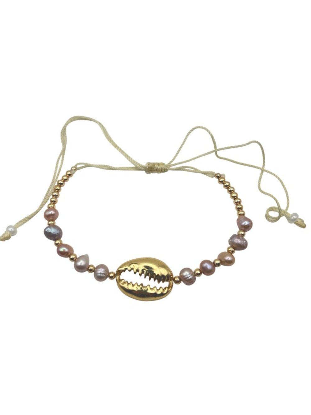 Set 3 Adjustable Bracelets Freshwater Pearls Gold Tone Pastel Pink Cowrie Heart - Picture 12 of 14
